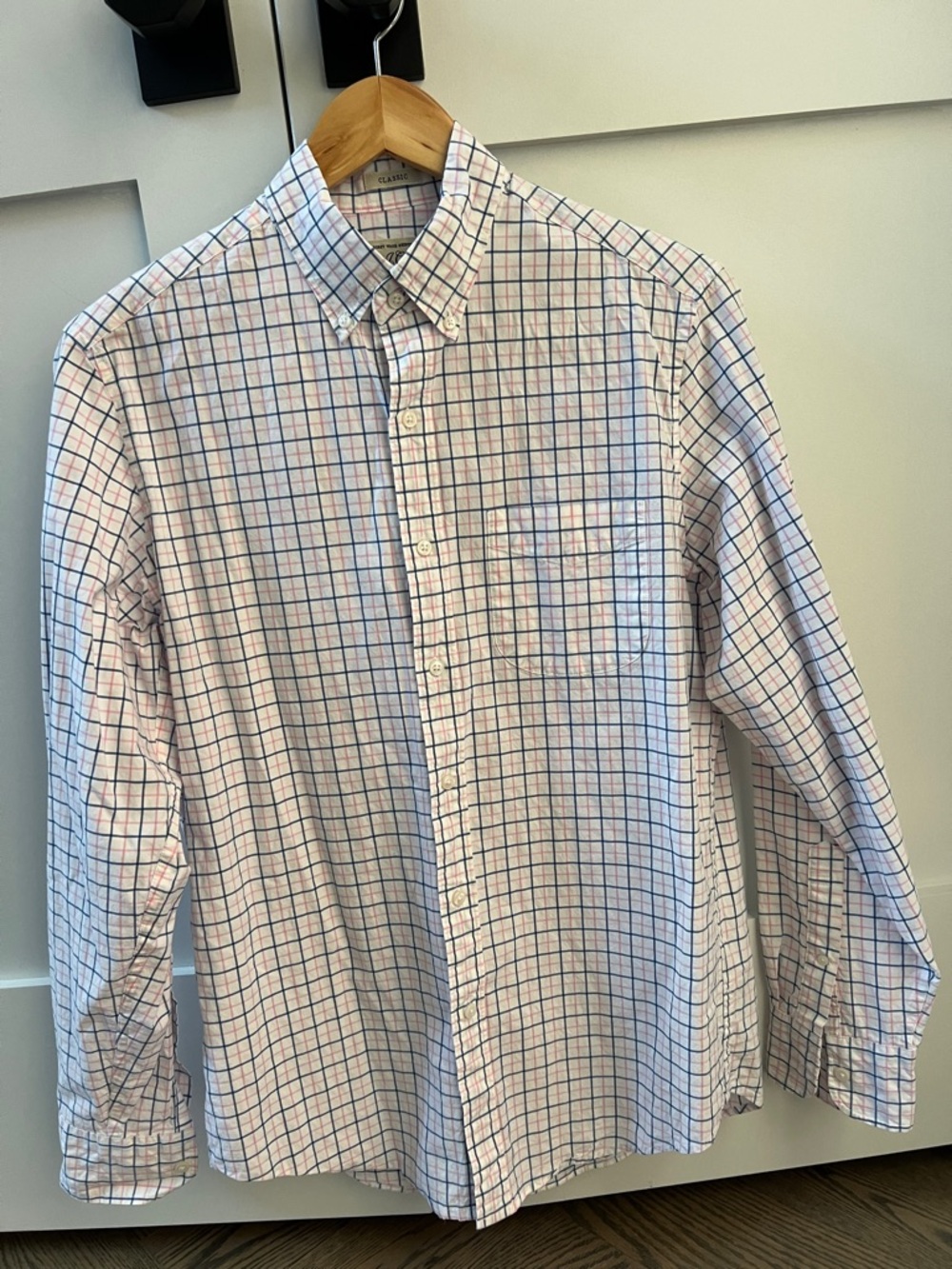 J. Crew White Button-Down Shirt with Blue and Pink Windowpane